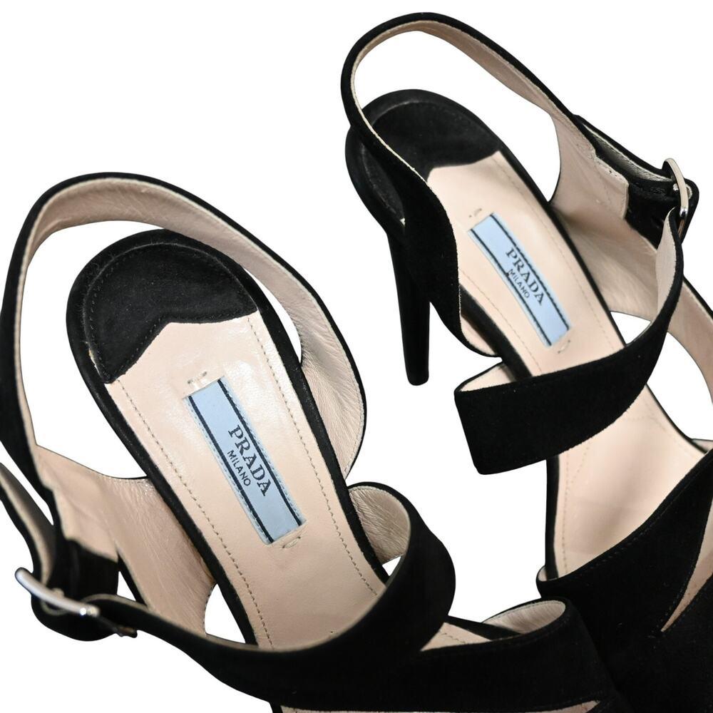 Prada Black Suede Strappy Platform High Heel Sandals Size 38.5 - Picture 6 of 12